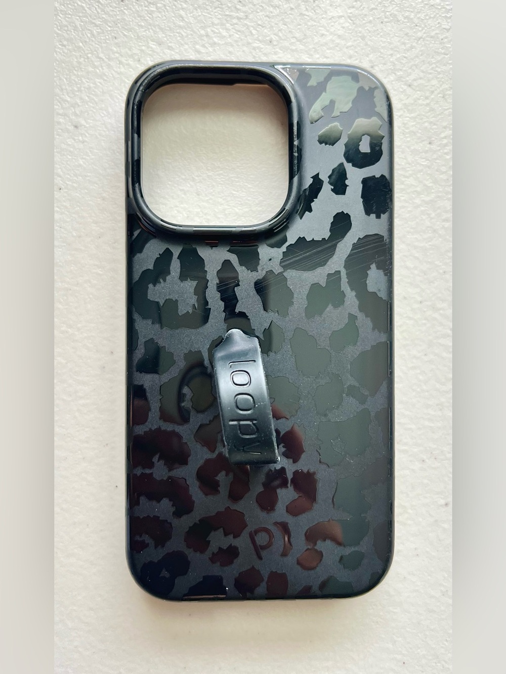 Loopy iPhone 14 Pro Case Black Leopard Print Loop Grip Protective Cover